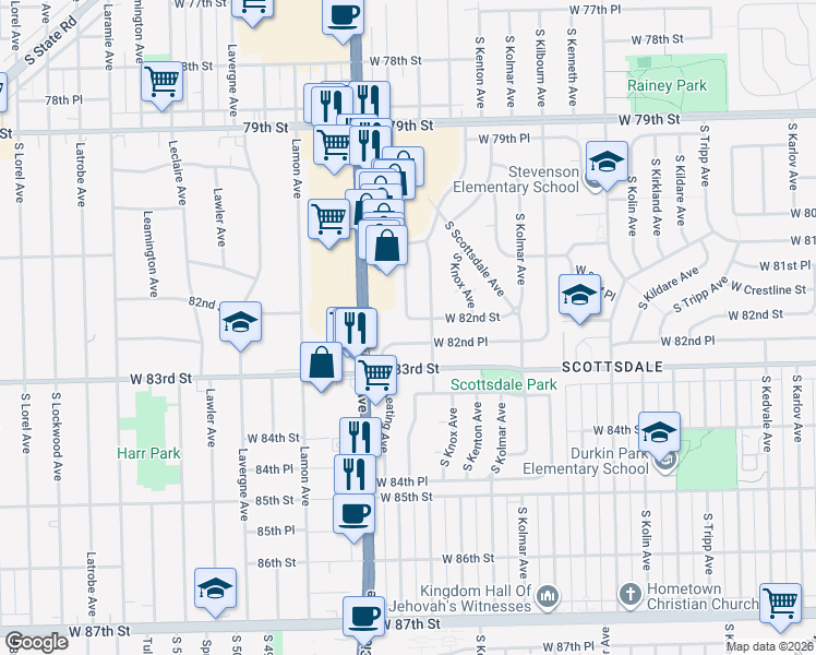 map of restaurants, bars, coffee shops, grocery stores, and more near 8176 South Keating Avenue in Chicago