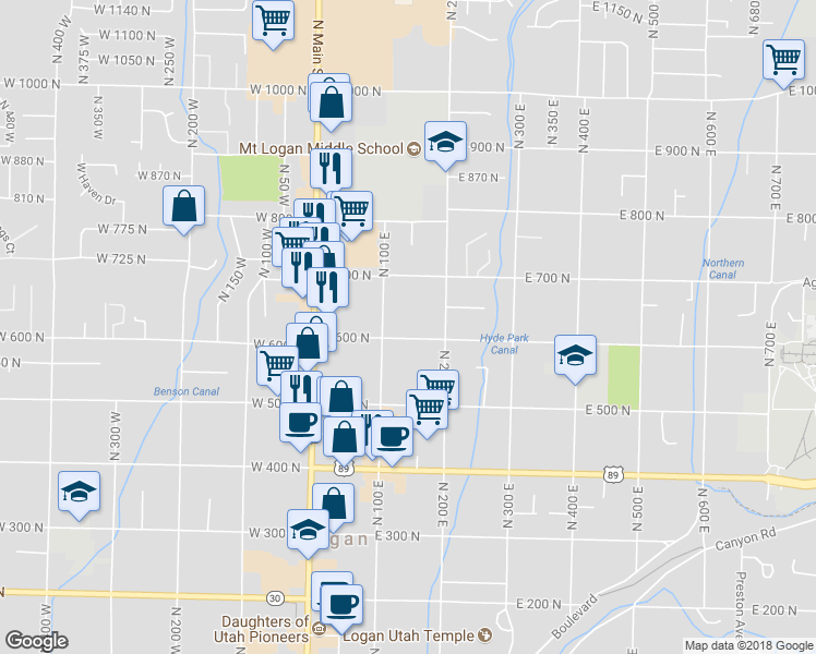 map of restaurants, bars, coffee shops, grocery stores, and more near 145 East 600 North in Logan