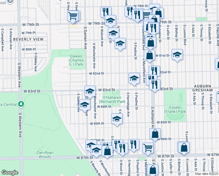 map of restaurants, bars, coffee shops, grocery stores, and more near 1836 West 83rd Street in Chicago