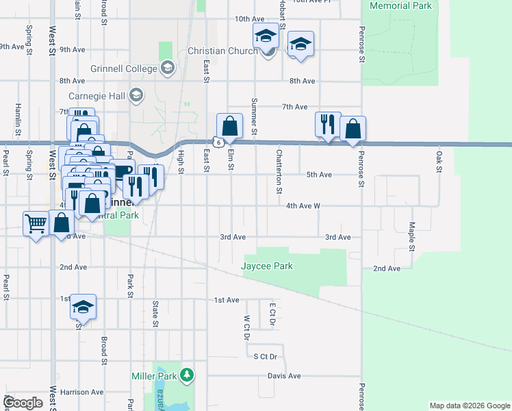 map of restaurants, bars, coffee shops, grocery stores, and more near 1499 4th Ave in Grinnell