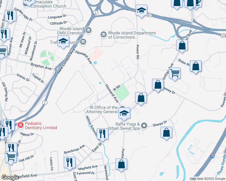 map of restaurants, bars, coffee shops, grocery stores, and more near West Road in Cranston