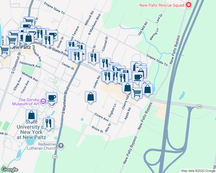 map of restaurants, bars, coffee shops, grocery stores, and more near 4 Joalyn Rd in New Paltz