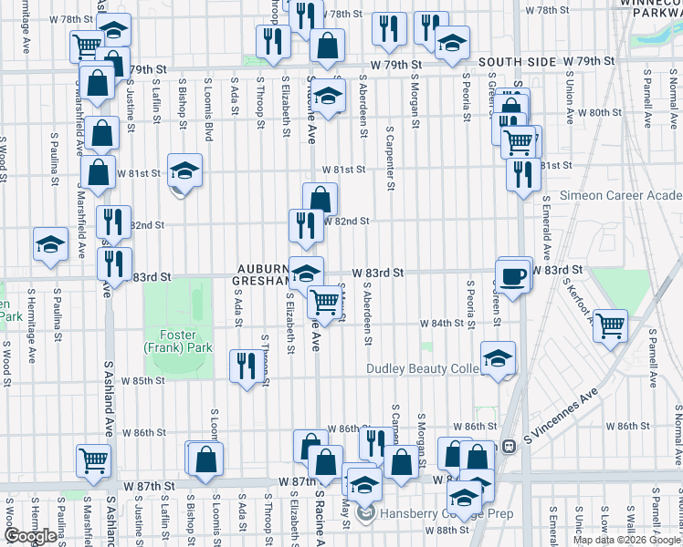 map of restaurants, bars, coffee shops, grocery stores, and more near W 83rd St & S May St in Chicago