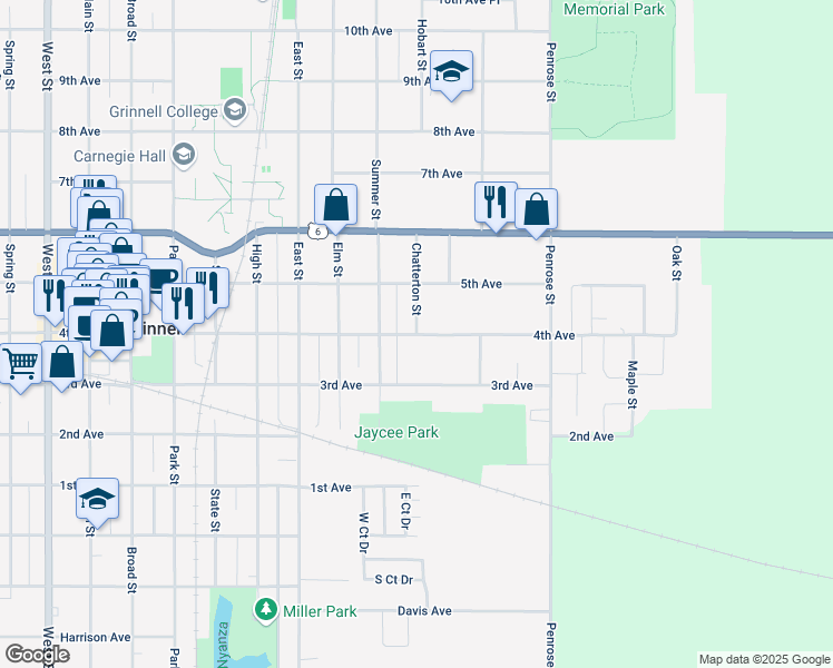 map of restaurants, bars, coffee shops, grocery stores, and more near 901 Chatterton Street in Grinnell