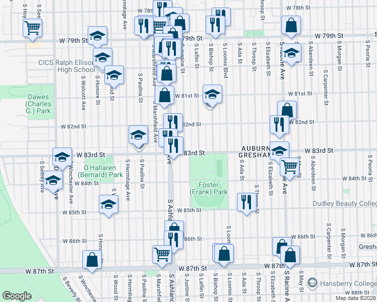 map of restaurants, bars, coffee shops, grocery stores, and more near 8253 South Justine Street in Chicago