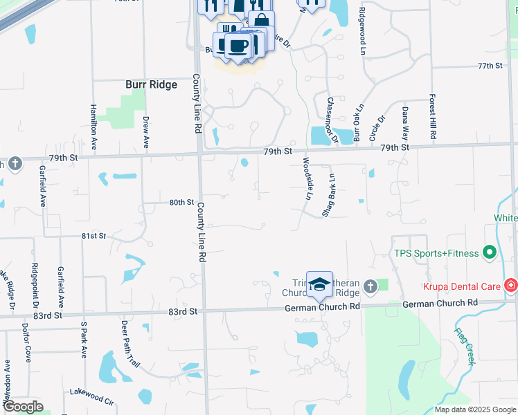 map of restaurants, bars, coffee shops, grocery stores, and more near 7950 Buck Trail in Willowbrook