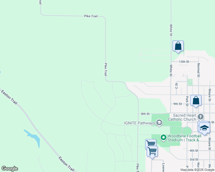 map of restaurants, bars, coffee shops, grocery stores, and more near 1819 Pike Trail in Woodbine