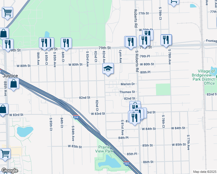 map of restaurants, bars, coffee shops, grocery stores, and more near 8137 Marion Drive in Justice