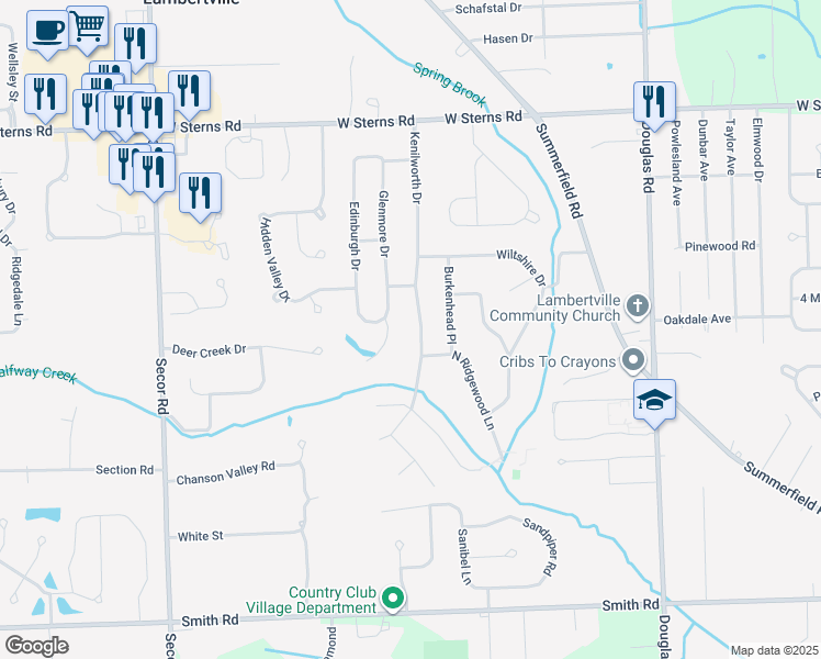 map of restaurants, bars, coffee shops, grocery stores, and more near 7050 Glenmore Drive in Lambertville