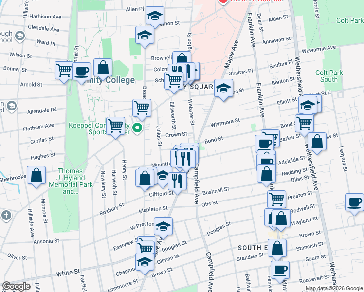 map of restaurants, bars, coffee shops, grocery stores, and more near 22 King Street in Hartford