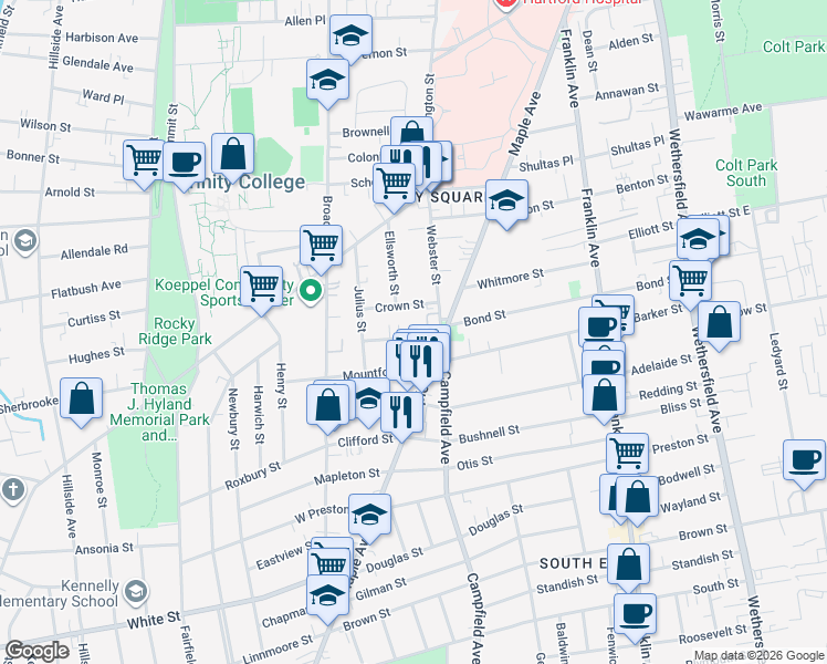 map of restaurants, bars, coffee shops, grocery stores, and more near 22 King Street in Hartford