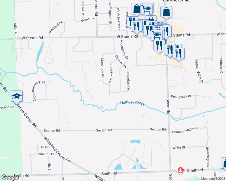 map of restaurants, bars, coffee shops, grocery stores, and more near 7057 Middlebury Drive in Lambertville