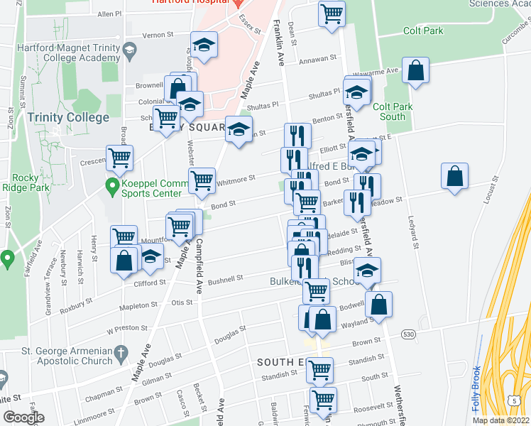 map of restaurants, bars, coffee shops, grocery stores, and more near 122 Barker Street in Hartford