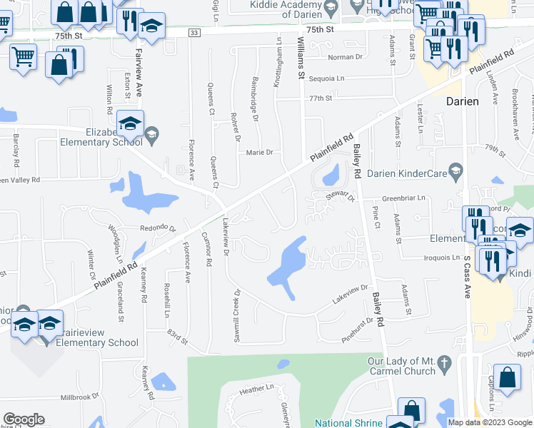 map of restaurants, bars, coffee shops, grocery stores, and more near 7957 Knottingham Circle in Darien