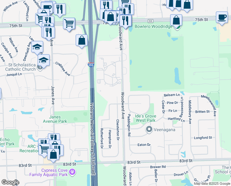 map of restaurants, bars, coffee shops, grocery stores, and more near 7902 Chesterton Ct in Woodridge