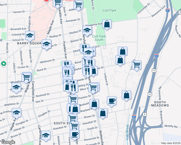 map of restaurants, bars, coffee shops, grocery stores, and more near 464 Wethersfield Avenue in Hartford