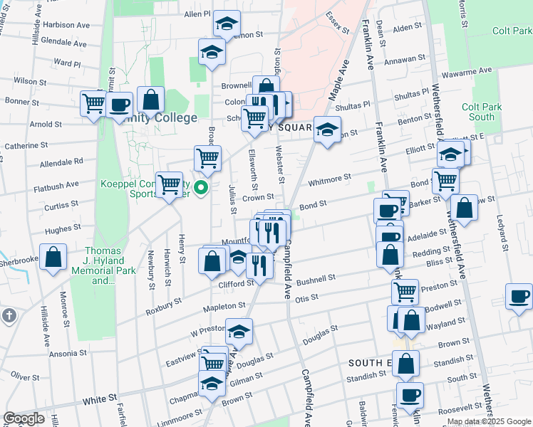 map of restaurants, bars, coffee shops, grocery stores, and more near 22 King Street in Hartford