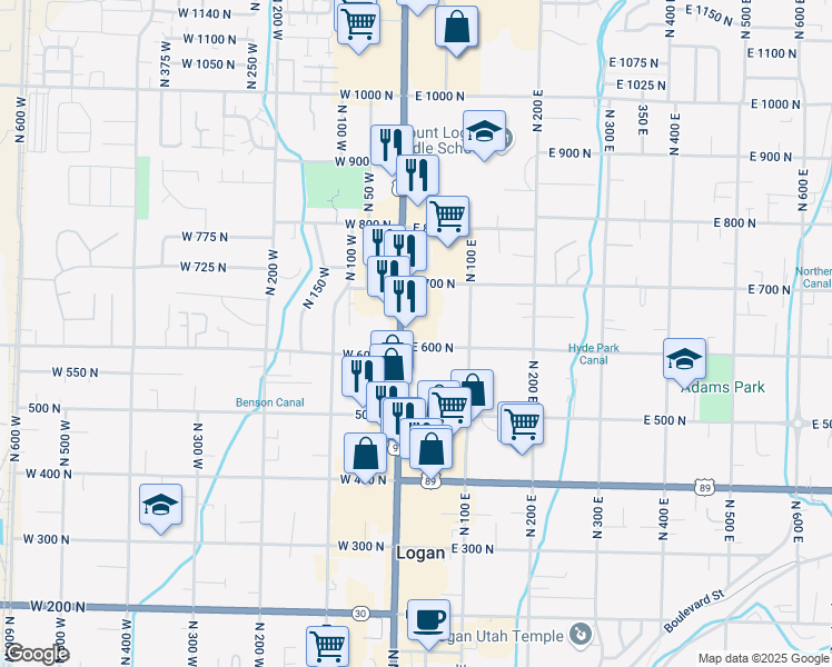map of restaurants, bars, coffee shops, grocery stores, and more near 632 Main Street in Logan
