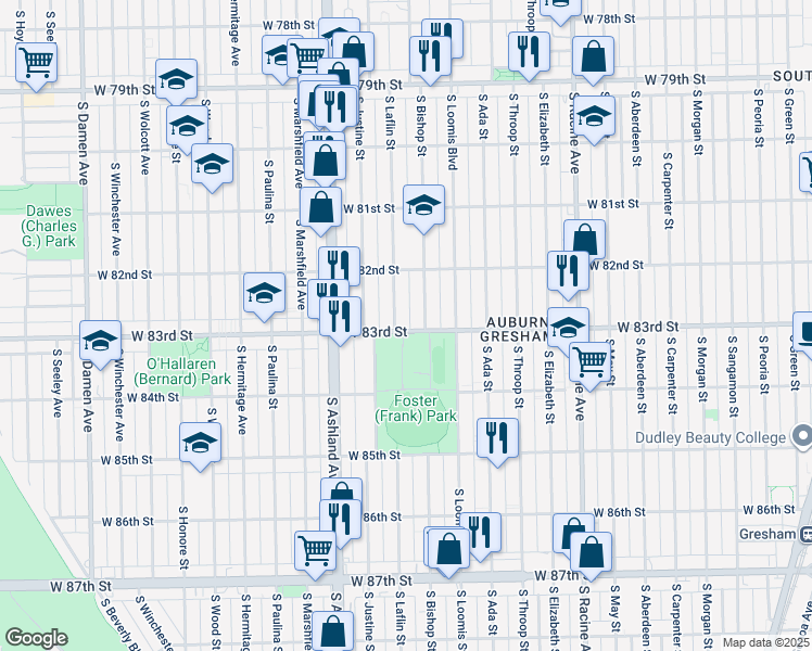 map of restaurants, bars, coffee shops, grocery stores, and more near 1448 West 83rd Street in Chicago