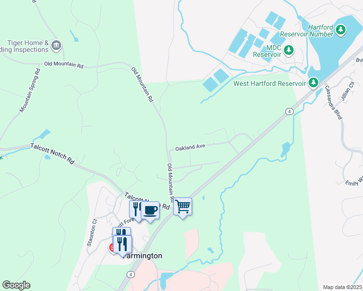 map of restaurants, bars, coffee shops, grocery stores, and more near 48 Oakland Avenue in Farmington