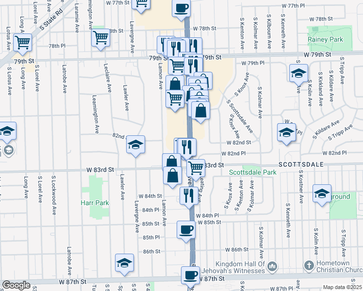 map of restaurants, bars, coffee shops, grocery stores, and more near 4819 West 82nd Street in Burbank