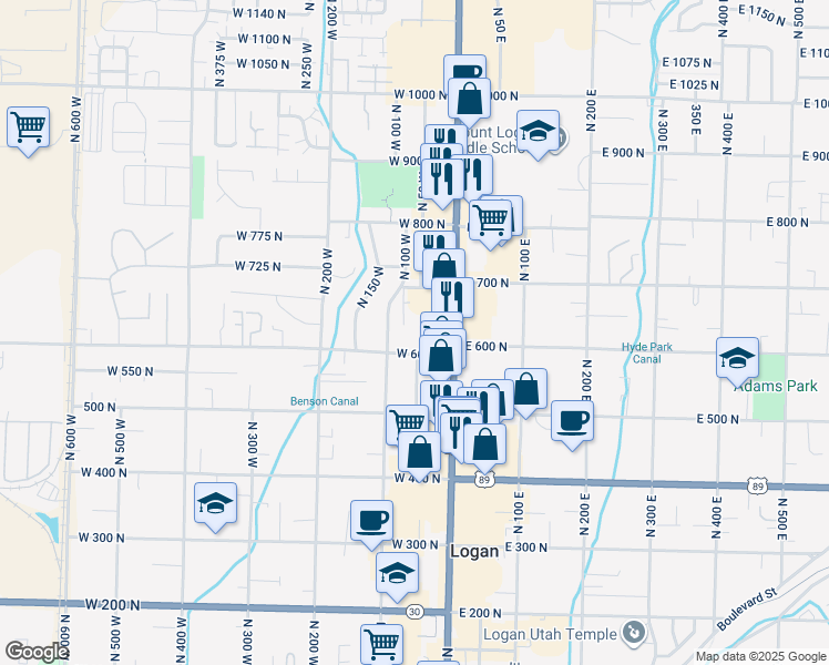map of restaurants, bars, coffee shops, grocery stores, and more near 625 North Main Street in Logan
