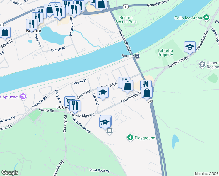 map of restaurants, bars, coffee shops, grocery stores, and more near 70 Sandwich Road in Bourne