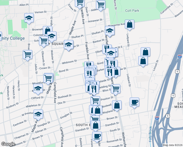 map of restaurants, bars, coffee shops, grocery stores, and more near in Hartford