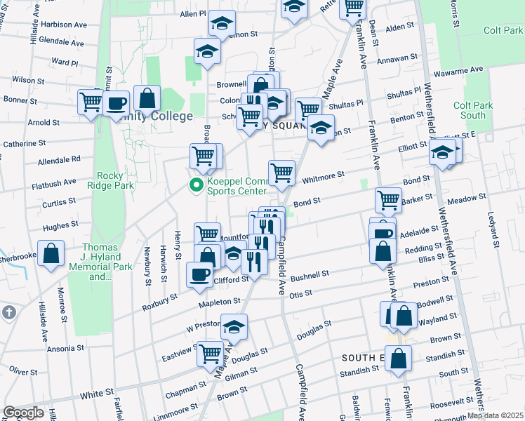 map of restaurants, bars, coffee shops, grocery stores, and more near 22 King Street in Hartford