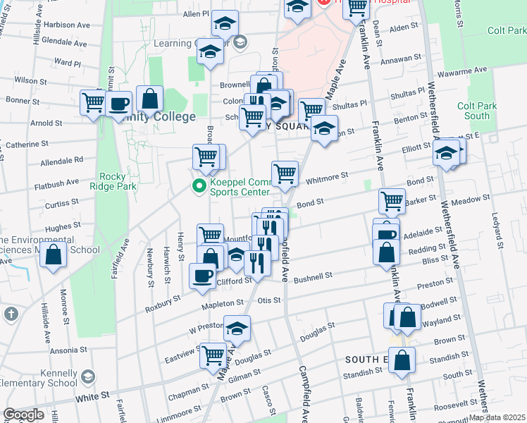 map of restaurants, bars, coffee shops, grocery stores, and more near 22 King Street in Hartford