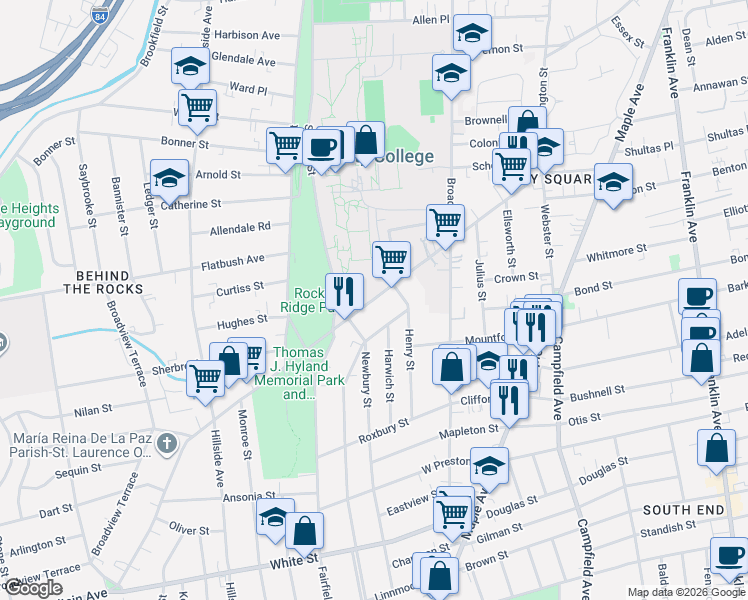 map of restaurants, bars, coffee shops, grocery stores, and more near 225 New Britain Avenue in Hartford