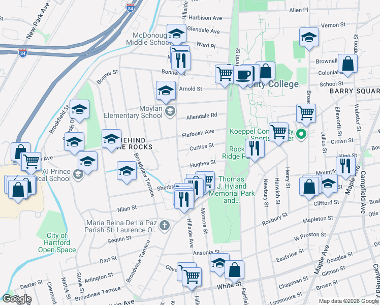 map of restaurants, bars, coffee shops, grocery stores, and more near 72 Curtiss Street in Hartford