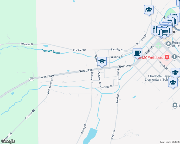 map of restaurants, bars, coffee shops, grocery stores, and more near 63 West Avenue in Wellsboro