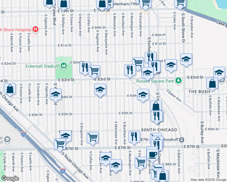 map of restaurants, bars, coffee shops, grocery stores, and more near 8336 South Manistee Avenue in Chicago