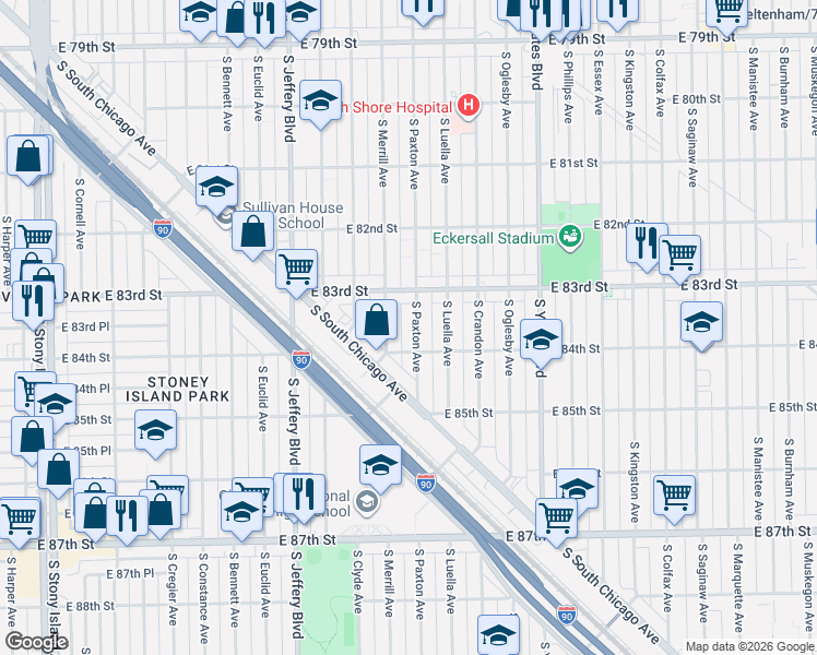 map of restaurants, bars, coffee shops, grocery stores, and more near 8328 South Paxton Avenue in Chicago
