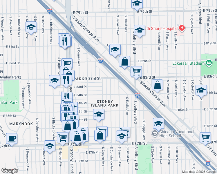 map of restaurants, bars, coffee shops, grocery stores, and more near 8325 South Cregier Avenue in Chicago