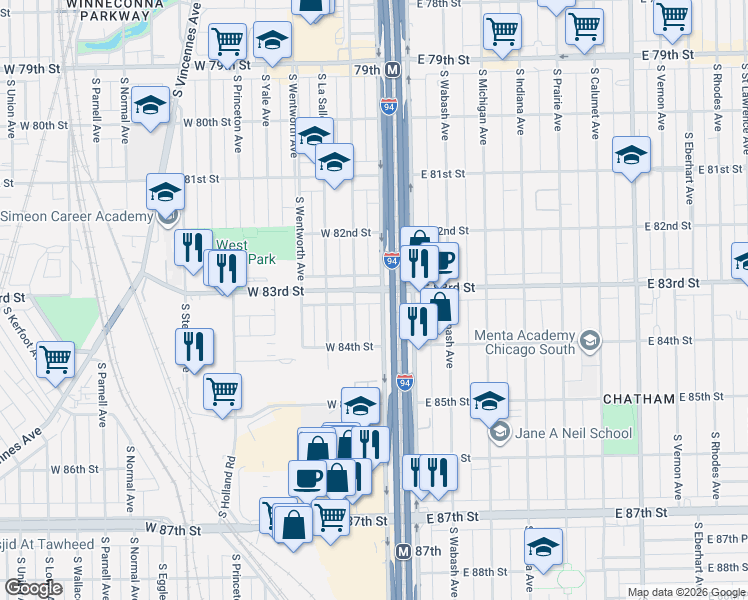 map of restaurants, bars, coffee shops, grocery stores, and more near 33 West 83rd Street in Chicago