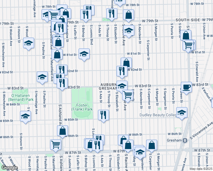 map of restaurants, bars, coffee shops, grocery stores, and more near 8251 South Ada Street in Chicago