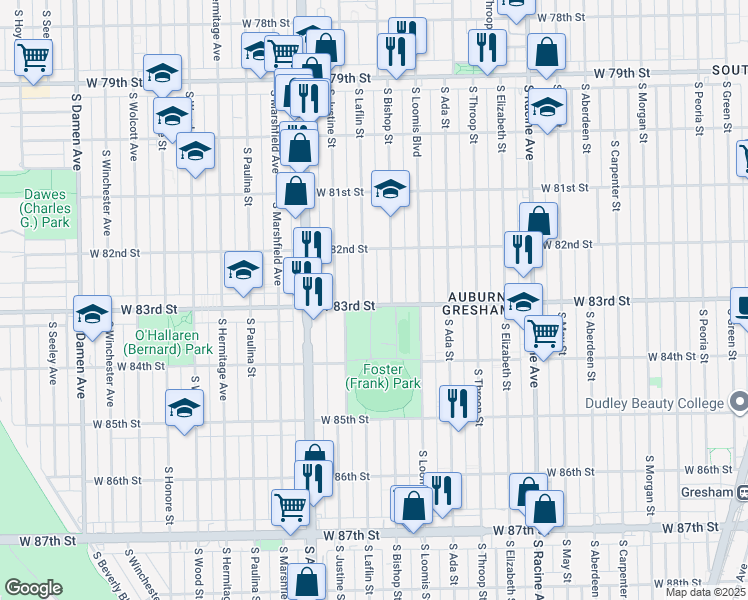 map of restaurants, bars, coffee shops, grocery stores, and more near 8250 South Bishop Street in Chicago