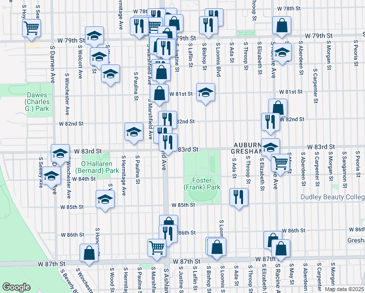 map of restaurants, bars, coffee shops, grocery stores, and more near 8253 South Justine Street in Chicago