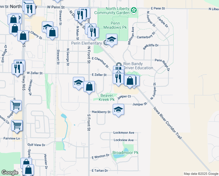 map of restaurants, bars, coffee shops, grocery stores, and more near 250 South Chestnut Street in North Liberty