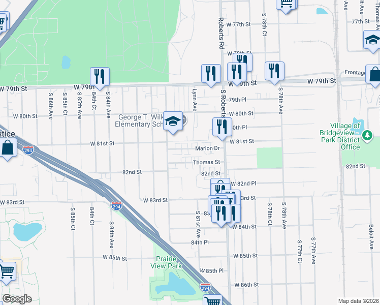 map of restaurants, bars, coffee shops, grocery stores, and more near 8107 Marion Drive in Justice
