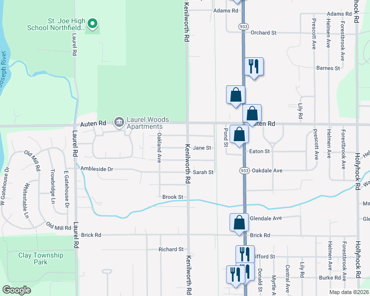 map of restaurants, bars, coffee shops, grocery stores, and more near 20015 Jane Street in South Bend