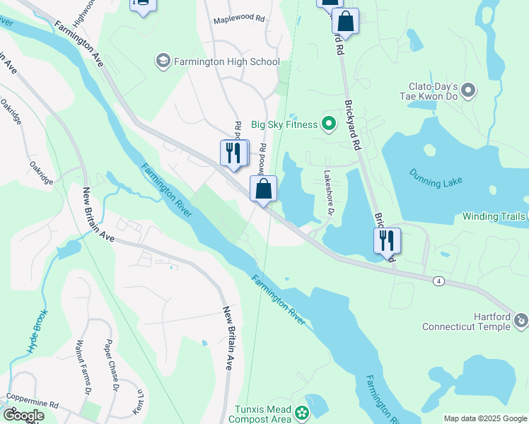 map of restaurants, bars, coffee shops, grocery stores, and more near 1387 Farmington Avenue in Farmington