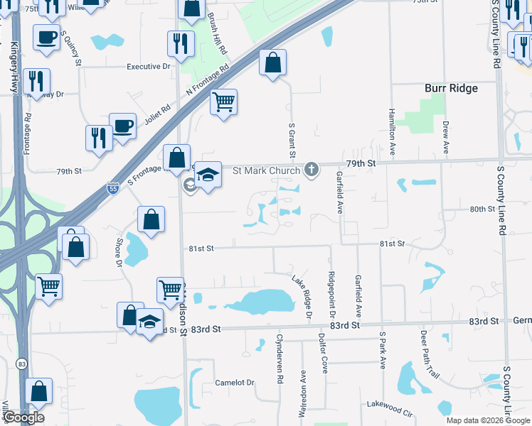 map of restaurants, bars, coffee shops, grocery stores, and more near 15 Lake Ridge Club Court in Burr Ridge