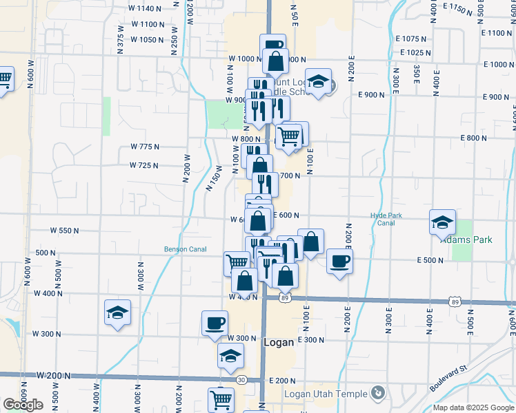 map of restaurants, bars, coffee shops, grocery stores, and more near 625 North Main Street in Logan