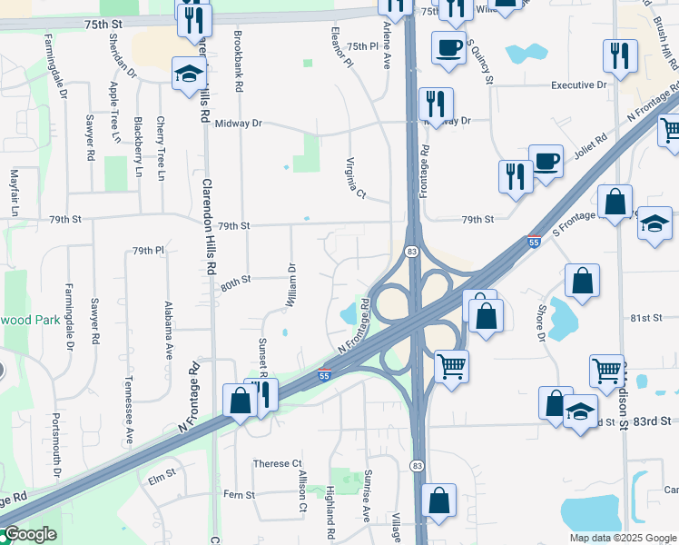 map of restaurants, bars, coffee shops, grocery stores, and more near 9s70 Lake Drive in Willowbrook