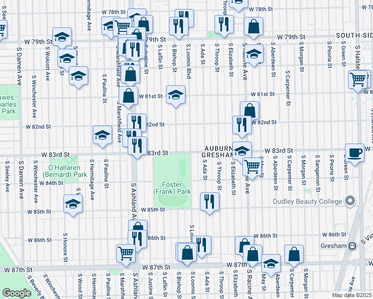 map of restaurants, bars, coffee shops, grocery stores, and more near 8256 South Loomis Boulevard in Chicago