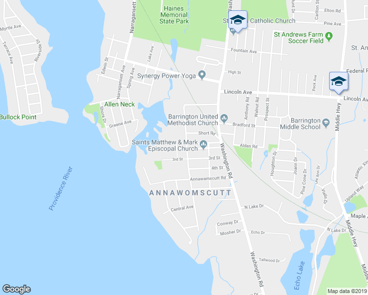 map of restaurants, bars, coffee shops, grocery stores, and more near 71 Alfred Drowne Road in Barrington