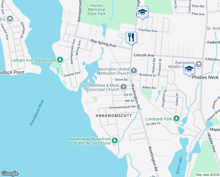 map of restaurants, bars, coffee shops, grocery stores, and more near 71 Alfred Drowne Road in Barrington